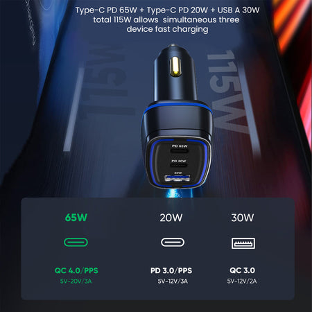 Ultimus 115W Three Port Car Charger With 65W Type C PD PPS Port, Type C 20W Port and Type A QC3.0 Port The Digital Hub