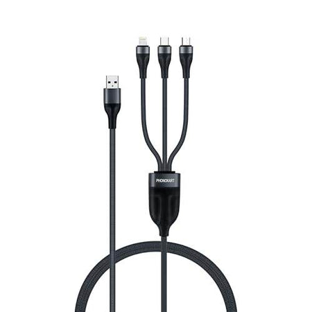 Phonokart Nexo 5 In 1 3Amps Usb-A +Type C Charging Cable For Micro Usb, Lightning & Type C, 1.5 M, Multi Charger Cable, Data Transfer Support (Black) - The Digital Hub