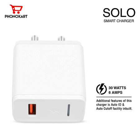 Phonokart Solo Smart Charger With Fast Charge, Steady Current, Constant Temperature, Supports Dash/Vooc/Super Vooc/Warp, With 6 Amp Type C Cable, White - The Digital Hub