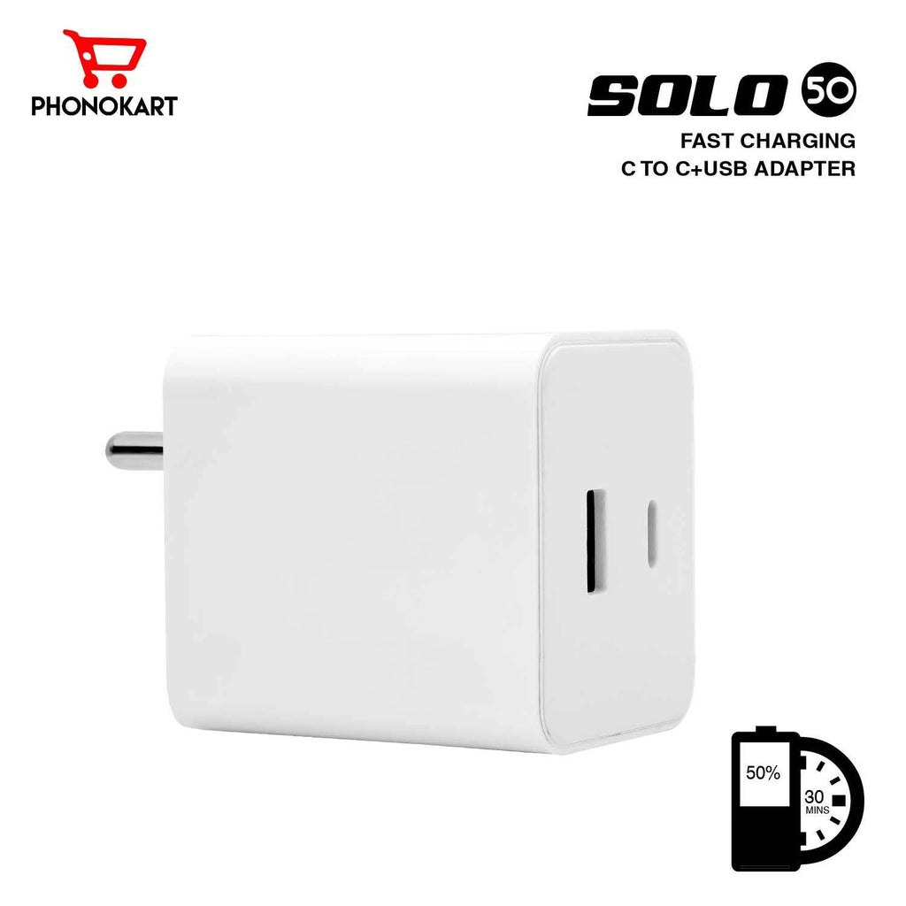 PHONOKART 50W 3A Dual Port Charger Type -A & Type C Adapter for iPhone 15,14,13,12 Series PD 3.0 Multiple Protection Fast Charging Adaptor with Cable (White) - The Digital Hub