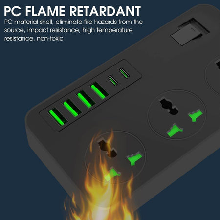 Extension Board With Usb Ports 2500W Extension Fire Resistant 3 Socket With 38W 3 Usb & 20W Fast 2 Type C Ports Fast Charger Heavy Duty & Universal Surge Protection Sockets With 2 Miter Wire - The Digital Hub