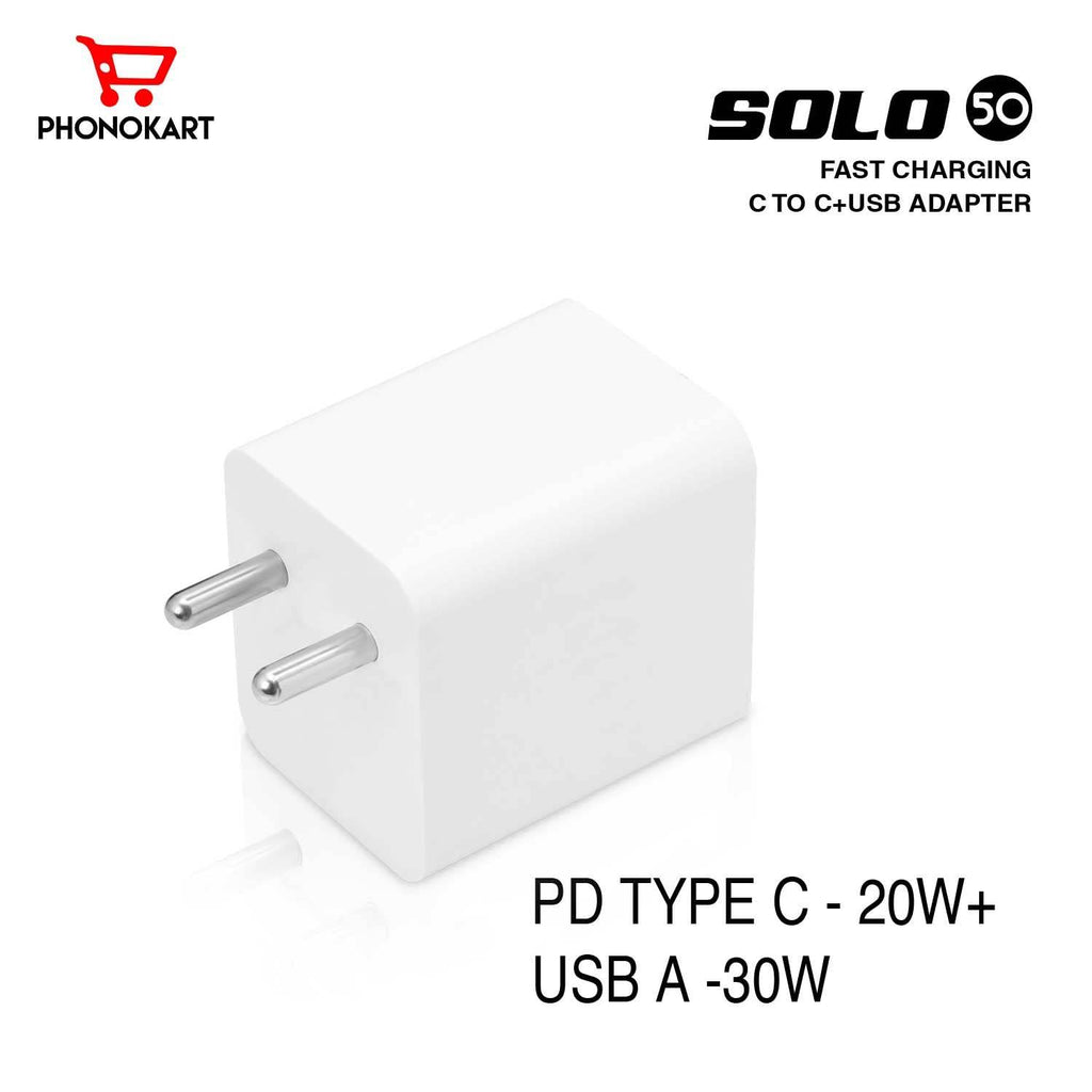 PHONOKART 50W 3A Dual Port Charger Type -A & Type C Adapter for iPhone 15,14,13,12 Series PD 3.0 Multiple Protection Fast Charging Adaptor with Cable (White) - The Digital Hub