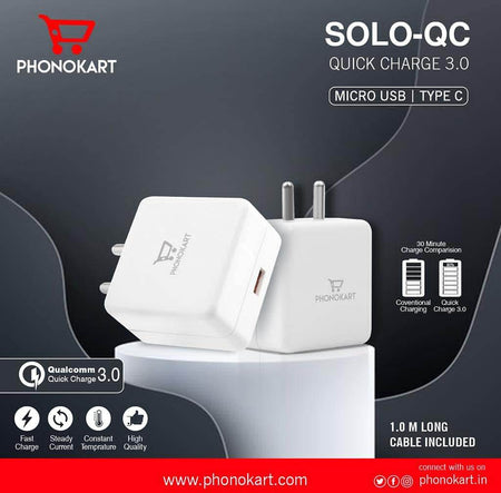 Phonokart Qualcomm 3.0 Fast Charger With Type C Cable For Samsung Oppo Vivo Mi Realme(Type C Cable) - The Digital Hub
