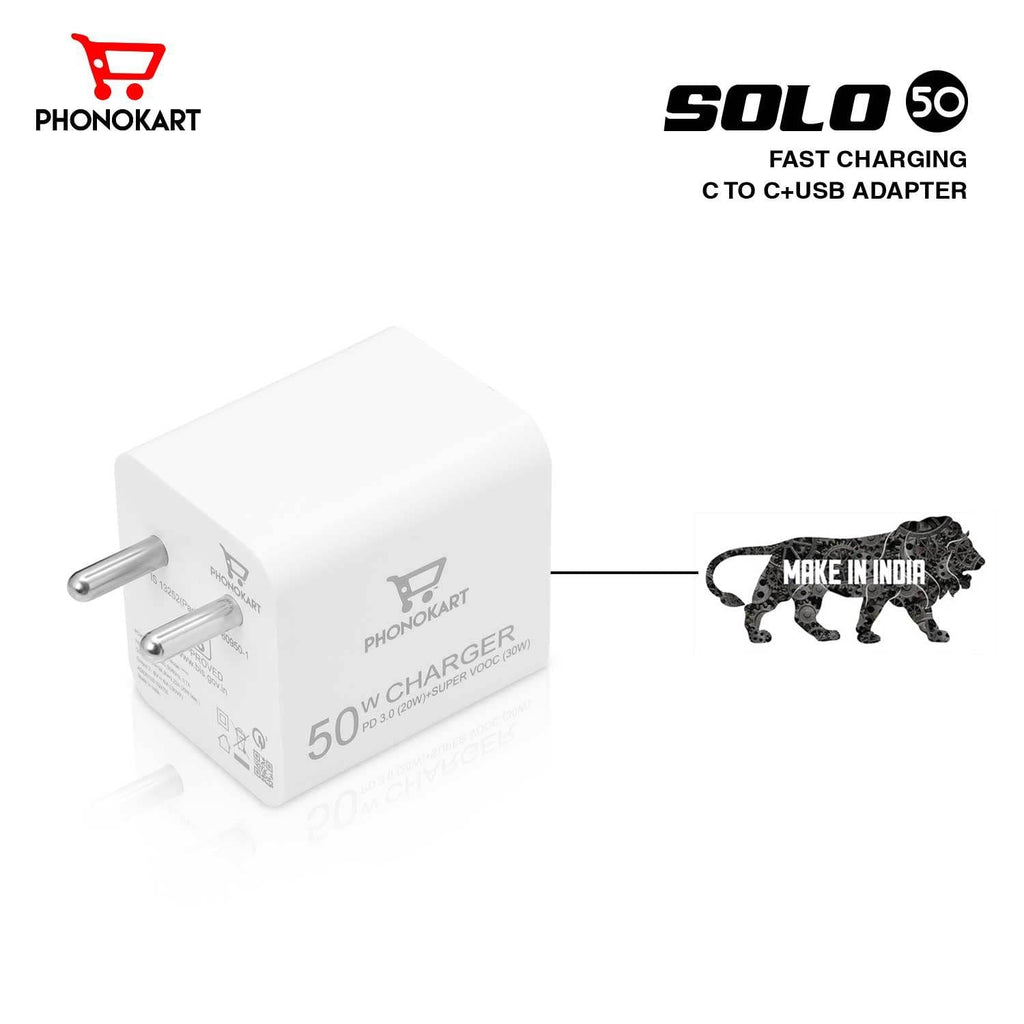 PHONOKART 50W 3A Dual Port Charger Type -A & Type C Adapter for iPhone 15,14,13,12 Series PD 3.0 Multiple Protection Fast Charging Adaptor with Cable (White) - The Digital Hub