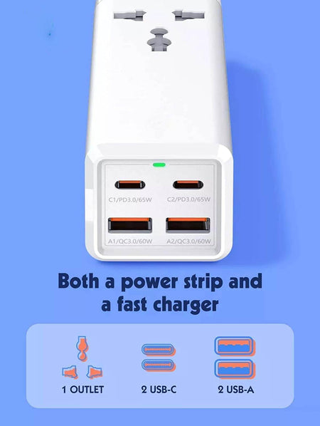 Jtp J7 65W Extension Board With Usb Port, 5 In 1 Fast Charging Station, 2 Usb C Port, 2 Usb A Port, 1 Ac Outlet, Surge Protectors For Phone, Tablet, Laptop Ipad & More (Jtp J7 65W) - The Digital Hub
