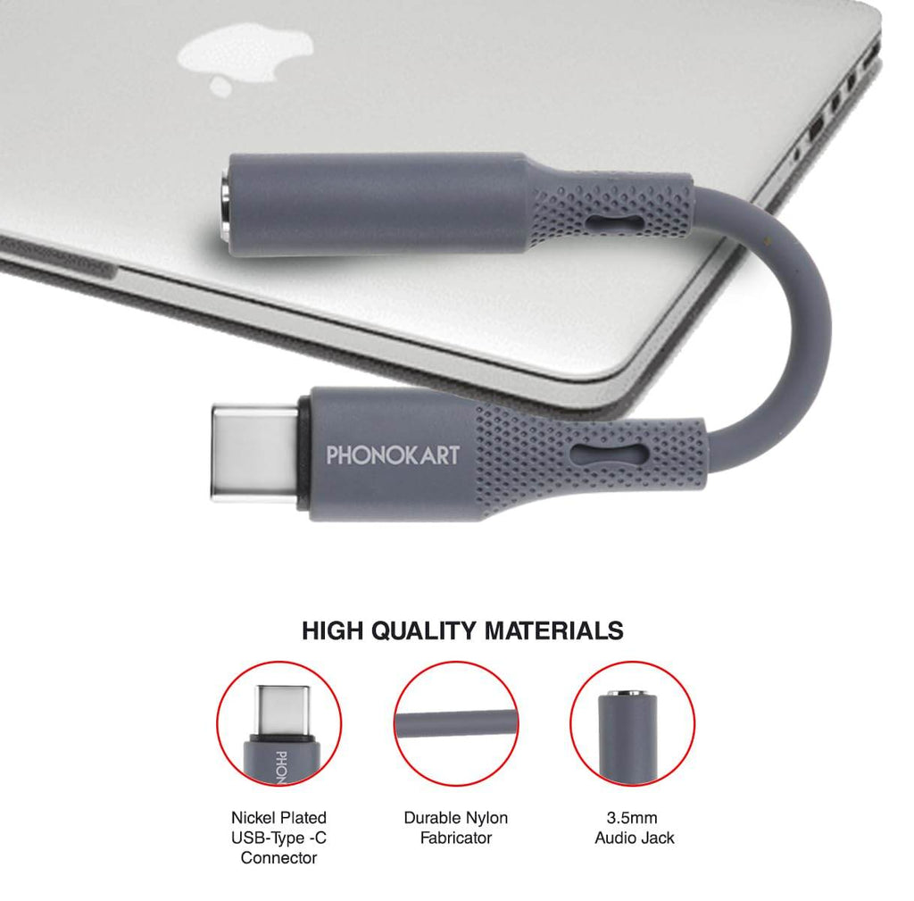 Phonokart Type C to 3.5 mm Audio Jack Connector with DAC Headphone Converter Adapter Compatible with iPhone 11,12,13,14,1516 (Pro,Pro max&Plus) Galaxy S23/S22/S21/S208 & Other Type C Phones |GREY| - The Digital Hub