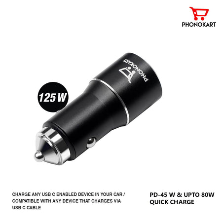 PHONOKART Rover Dual Fast Car Charger Adapter with 80W + 45W Dual Output. Quick Charge, Type C PD 45W & 80W Compatible for iPhone, All Smartphones, Tablets & More |Black| - The Digital Hub