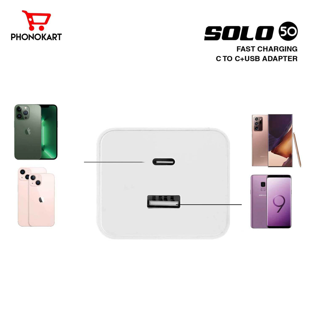 PHONOKART 50W 3A Dual Port Charger Type -A & Type C Adapter for iPhone 15,14,13,12 Series PD 3.0 Multiple Protection Fast Charging Adaptor with Cable (White) - The Digital Hub