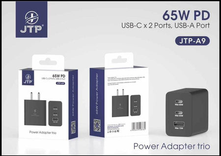 Jtp-A9 65W Pd Trio Port Super Fast Charger True 45W Max Charging Adapter Compatible For Galaxy Fold 2, 3, 4 / Note/S 22, S23, S23 Ultra, S23 Plus/A/M Series (Black) - The Digital Hub