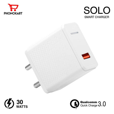 Phonokart Solo Smart Charger With Fast Charge, Steady Current, Constant Temperature, Supports Dash/Vooc/Super Vooc/Warp, With 6 Amp Type C Cable, White - The Digital Hub
