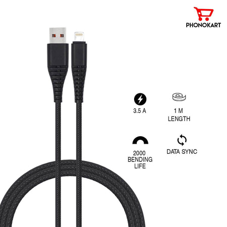 Phonokart Lightning Cable 1 M Pkrpdac-Blk (Compatible With iPhone, iPhone 12, iPhone 12 Mini, iPhone 11, Black) - The Digital Hub
