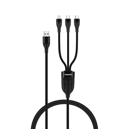 Phonokart Nexo 5 In 1 3Amps Usb-A +Type C Charging Cable For Micro Usb, Lightning & Type C, 1.5 M, Multi Charger Cable, Data Transfer Support (Black) - The Digital Hub