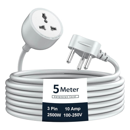 Jtp Extension Board With 5 Meters Heavy Duty Long Wire Cord, Single Outlet Socket 2500W 10A Expandable Electric Extension, 3 Pins Extension Cord For Indoor Outdoor Use (5M/ White)-1Pcs - The Digital Hub