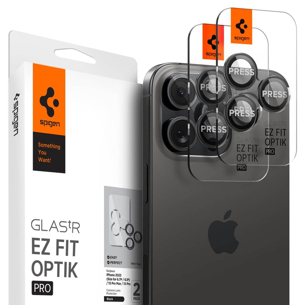 Spigen Ez Fit Optik Pro Tempered Glass Camera Lens Protector Guard For iPhone 16 Pro / 16 Pro Max / 15 Pro / 15 Pro Max / 14 Pro / 14 Pro Max (Black) - 2 Pack - The Digital Hub