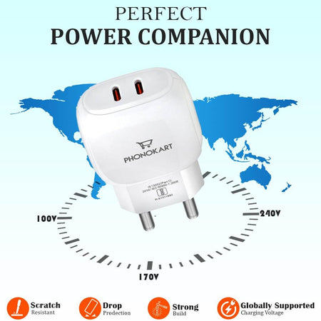 Phonokart Type-C Ultra Fast Mobile Charger 30W Dual Type-C Port Charger With Type C To Type C Cable, Pd Type C Adapter For iPhone 15/14/13/12 Series, Samsung, Vivo & Other Android Devices Pd 3.0 - The Digital Hub