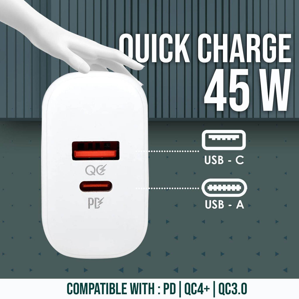 Phonokart Solo 45W Dual USB QC4.0 Super Fast Charger 45W Compact Wall Charger | Type-C Fast Charging Adapter for Samsung, Xiaomi, OnePlus, Google Pixel, Nothing Phones and iPhone - The Digital Hub