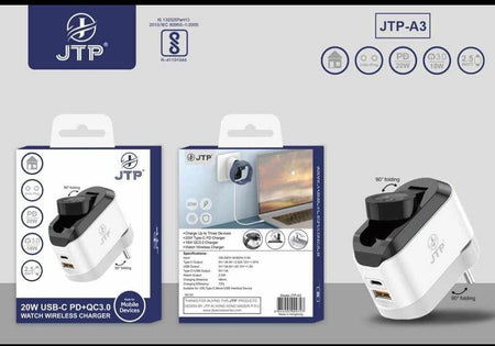 Jtp Charger Pd 20W Usb-C Pd+Qc3.0 Fast Charger With Foldable Watch Wireless Charging, Wall Charge,Travel Charger - The Digital Hub