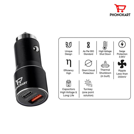 PHONOKART Rover Dual Fast Car Charger Adapter with 80W + 45W Dual Output. Quick Charge, Type C PD 45W & 80W Compatible for iPhone, All Smartphones, Tablets & More |Black| - The Digital Hub