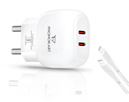 Phonokart Type-C Ultra Fast Mobile Charger 30W Dual Type-C Port Charger With Type C To Type C Cable, Pd Type C Adapter For iPhone 15/14/13/12 Series, Samsung, Vivo & Other Android Devices Pd 3.0 - The Digital Hub