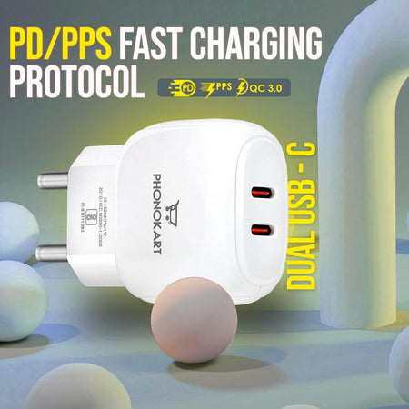 Phonokart Type-C Ultra Fast Mobile Charger 30W Dual Type-C Port Charger With Type C To Type C Cable, Pd Type C Adapter For iPhone 15/14/13/12 Series, Samsung, Vivo & Other Android Devices Pd 3.0 - The Digital Hub