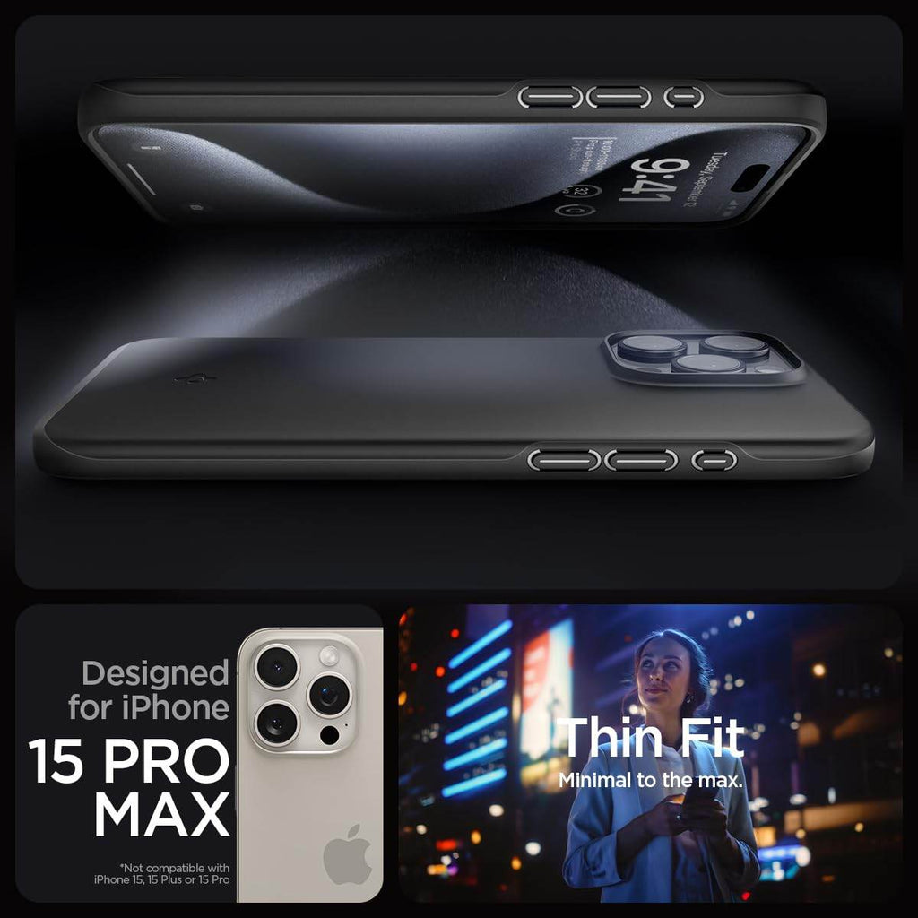 Spigen Thin Fit Back Cover Case Compatible with iPhone 15 Pro Max (TPU + Poly Carbonate | Black) - The Digital Hub