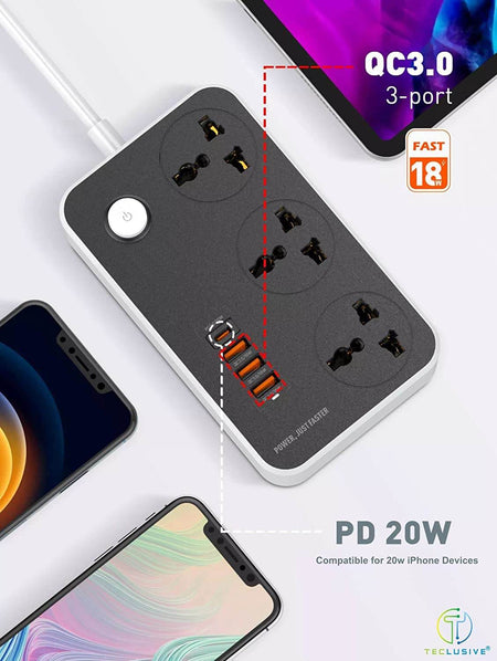 Jtp 2500W Power Strip Extension With 38W Qc Type C Usb Ports | 3 Power Sockets With 20W Type C Usb Pd Qc 3.0 18W Fast Usb Port | Multi Port Extension With Usb Port - The Digital Hub