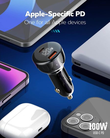 Jtp 100W Usb-C Fast Car Charger Adapter, Dual Port Pd & Qc 3.0 For Phones, Tablets, Laptops, And Macbook, Portable Multi-Function Car Charger With Led Display - The Digital Hub