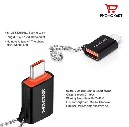 Phonokart OTG Type C, USB to Type C, Type C to USB Connector Compatible with All Type C Devices |Black| - The Digital Hub