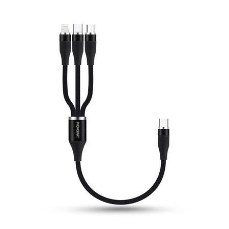 Phonokart Trix 3 In 1 100W Fast Charging Cable, 3Amp Multi Charger Cable For Micro Usb, Ios And Type-C Devices, Mobile Tablet Pc Laptop Android Smartphone With 0.3Meter Cable (Black) - The Digital Hub