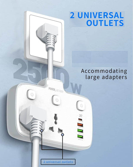 Jtp 2500W 10A Extension Power Strip With Usb Ports | 2 Power Socket With 20W Type C Usb Pd Qc 3.0 Fast Usb Port | Multi Port Extension With Usb Port And Individual Switch - The Digital Hub
