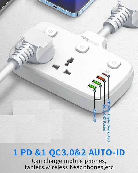 Jtp 2500W 10A Extension Power Strip With Usb Ports | 2 Power Socket With 20W Type C Usb Pd Qc 3.0 Fast Usb Port | Multi Port Extension With Usb Port And Individual Switch - The Digital Hub