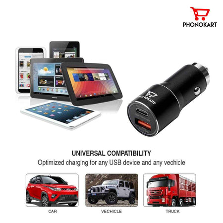 PHONOKART Rover Dual Fast Car Charger Adapter with 80W + 45W Dual Output. Quick Charge, Type C PD 45W & 80W Compatible for iPhone, All Smartphones, Tablets & More |Black|