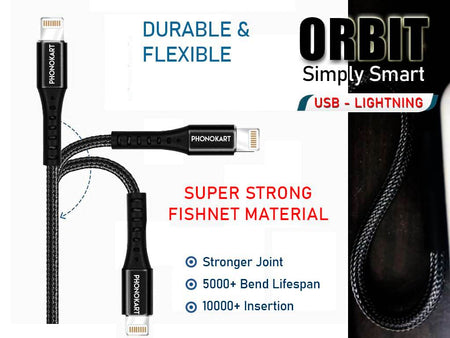 Phonokart Lightning Cable 3.5 A 1.5 M Fishnet Pkorbitl-Blk (Compatible With All Apple iPhone Mobiles And Tablets, Grey, One Cable) - The Digital Hub