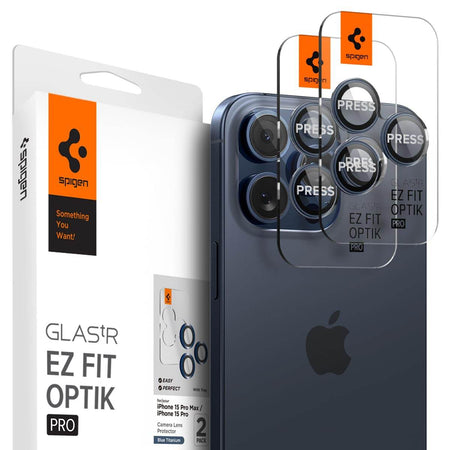 Spigen Ez Fit Optik Pro Tempered Glass Camera Lens Protector Guard For iPhone 16 Pro / 16 Pro Max / 15 Pro / 15 Pro Max / 14 Pro / 14 Pro Max (Blue Titanium) - 2 Pack - The Digital Hub