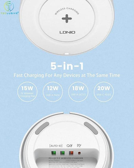 Jtp 32W 5 In 1 Multi Wall Charger Station With Type C 5 In 1 Charging Station With 15W Wireless + Pd30W+ Qc18W+2Auto-Id Total 32W Fast Charger For iPhone 14 13 12 Pro Max/Galaxy S22 Ultra - The Digital Hub