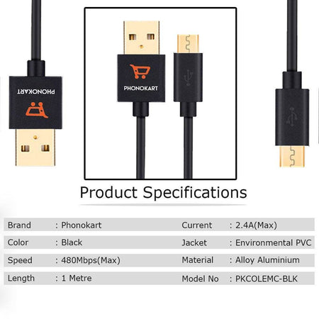 Phonokart Olive Pkcolemc-Blk Micro Usb Cable - 3.28 Feet (1 Meter) - (Black) - The Digital Hub