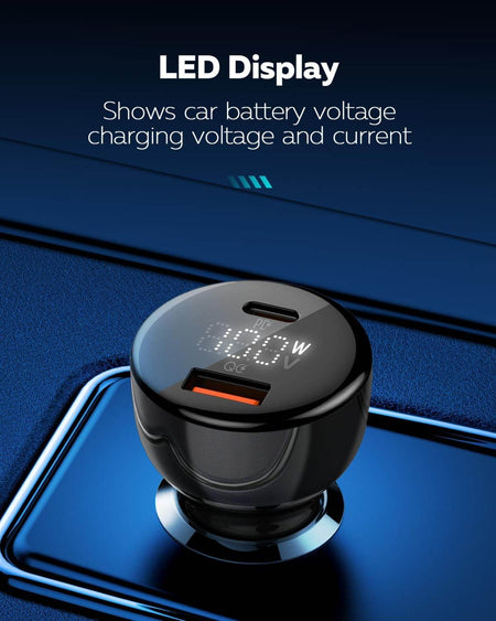 Jtp 100W Usb-C Fast Car Charger Adapter, Dual Port Pd & Qc 3.0 For Phones, Tablets, Laptops, And Macbook, Portable Multi-Function Car Charger With Led Display - The Digital Hub