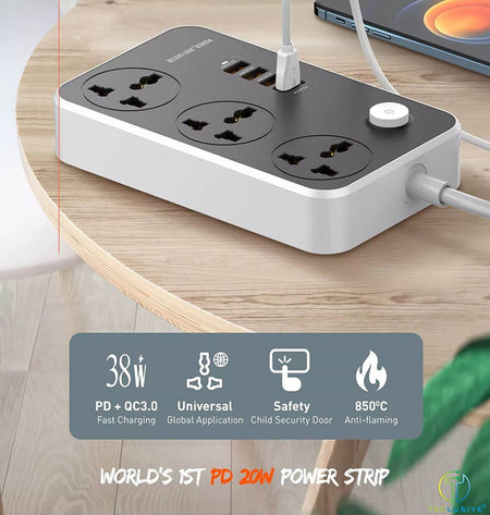 Jtp 2500W Power Strip Extension With 38W Qc Type C Usb Ports | 3 Power Sockets With 20W Type C Usb Pd Qc 3.0 18W Fast Usb Port | Multi Port Extension With Usb Port - The Digital Hub