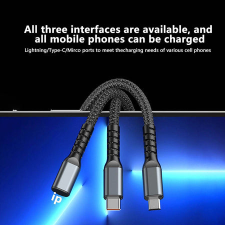 Jtp 100W/6.1A Fast Charging Usb 3.0 Cable 4 Ft / 1.2M To 3-In-1 Long Charging Cord With Type C + Micro Usb + Connector 480 Mbps Data Transfer For Laptop, Tablets, Smartphones (Black) - The Digital Hub