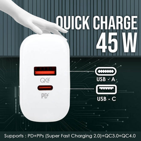 Phonokart Solo 45W Dual Usb Qc4.0 Super Fast Charger 45W Compact Wall Charger | Type-C Fast Charging Adapter For Samsung, Xiaomi, Oneplus, Google Pixel, Nothing Phones And iPhone - The Digital Hub