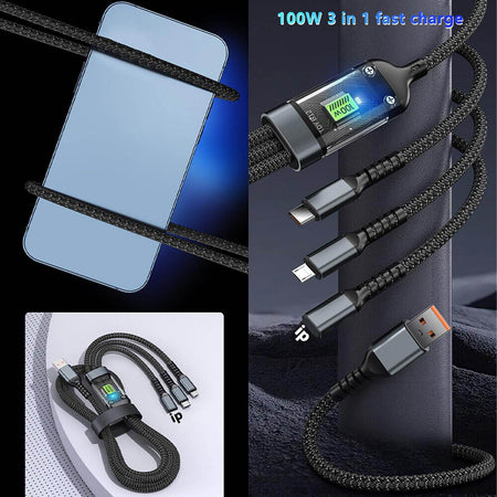 Jtp 100W/6.1A Fast Charging Usb 3.0 Cable 4 Ft / 1.2M To 3-In-1 Long Charging Cord With Type C + Micro Usb + Connector 480 Mbps Data Transfer For Laptop, Tablets, Smartphones (Black) - The Digital Hub