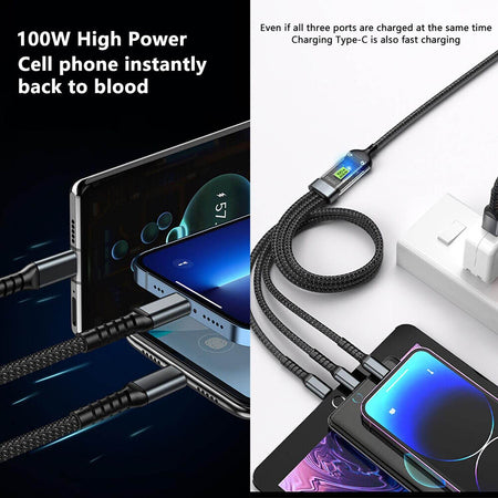 Jtp 100W/6.1A Fast Charging Usb 3.0 Cable 4 Ft / 1.2M To 3-In-1 Long Charging Cord With Type C + Micro Usb + Connector 480 Mbps Data Transfer For Laptop, Tablets, Smartphones (Black) - The Digital Hub