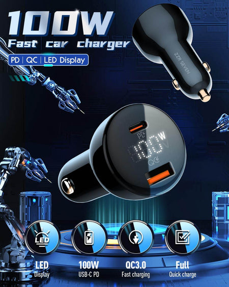 Jtp 100W Usb-C Fast Car Charger Adapter, Dual Port Pd & Qc 3.0 For Phones, Tablets, Laptops, And Macbook, Portable Multi-Function Car Charger With Led Display - The Digital Hub
