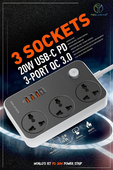 Jtp 2500W Power Strip Extension With 38W Qc Type C Usb Ports | 3 Power Sockets With 20W Type C Usb Pd Qc 3.0 18W Fast Usb Port | Multi Port Extension With Usb Port - The Digital Hub
