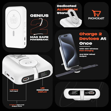Phonokart Genius-2 10000 Mah Stand Magsafe Power Bank| 15W Fast Wireless Charging |Strong Magnetic Magtag Ring Included - The Digital Hub