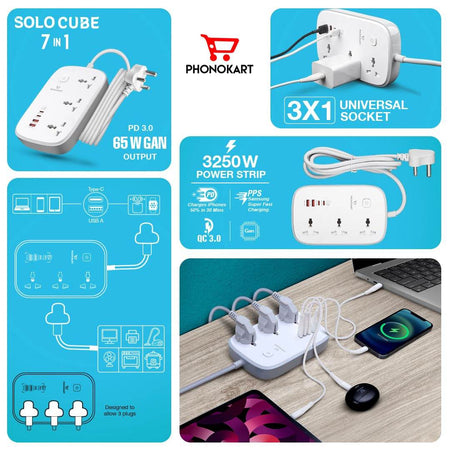 Phonokart 3250W 13A 7 in 1 Charging Stations Extension Power Strip with 65W Type C USB Ports | 3 Power Sockets with 65W USB C Port PD QC 3.0 Super Fast Charging with Type C Port | 2M Power Cord - The Digital Hub