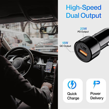 Jtp 36W Fast Car Charger With Dual Output, Quick Charge 3.0 And Power Delivery, Type-C & Usb Port, Wide Compatibility For Cellular Phones (Black) - The Digital Hub