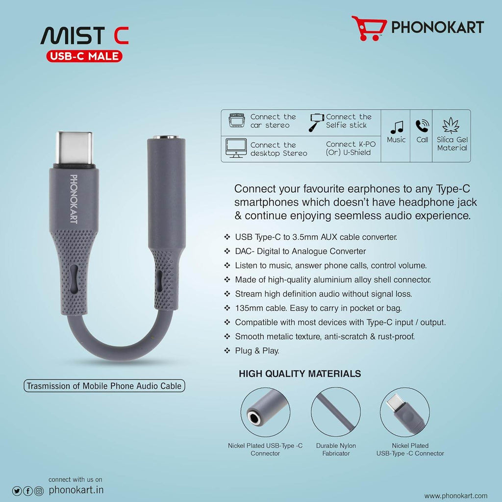 Phonokart Type C to 3.5 mm Audio Jack Connector with DAC Headphone Converter Adapter Compatible with iPhone 11,12,13,14,1516 (Pro,Pro max&Plus) Galaxy S23/S22/S21/S208 & Other Type C Phones |GREY| - The Digital Hub