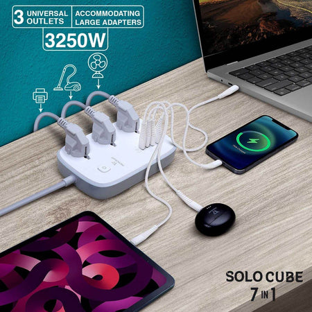 Phonokart 3250W 13A 7 in 1 Charging Stations Extension Power Strip with 65W Type C USB Ports | 3 Power Sockets with 65W USB C Port PD QC 3.0 Super Fast Charging with Type C Port | 2M Power Cord - The Digital Hub