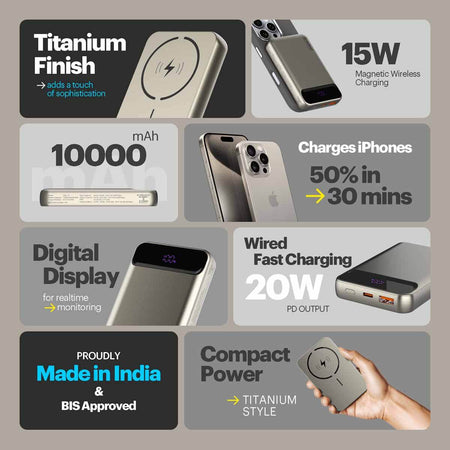 Click 10000Mah 15W Slim Magnetic Wireless Powerbank With Natural Titanium Finish For iPhone 12 And Above - The Digital Hub
